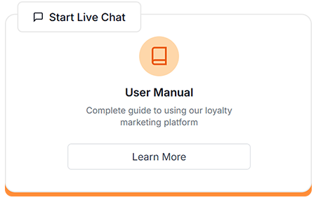User manual card offering a complete guide to the loyalty marketing platform, with a visible "Start Live Chat" label and a Learn More CTA
